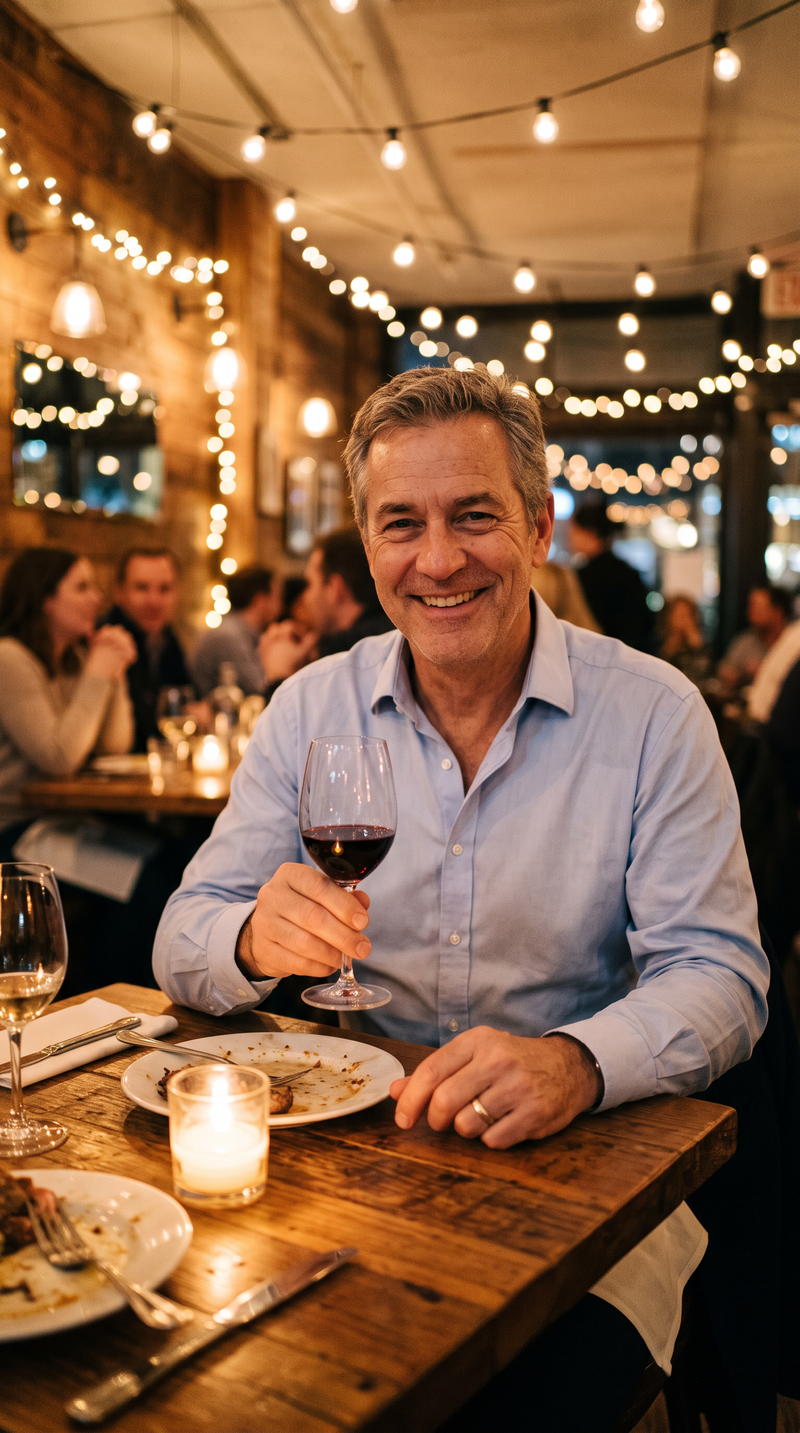 Mand ved et restaurantbord om aftenen